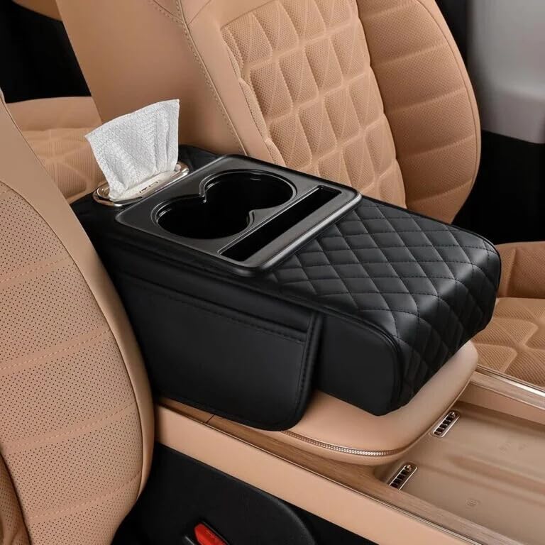 Car Seat Gap Organizer with Cup Holder & Tissue Box | PU Leather Car Console Side Pocket Storage | Multi-Purpose Car Seat Crevice Storage Box for Mobile, Key...