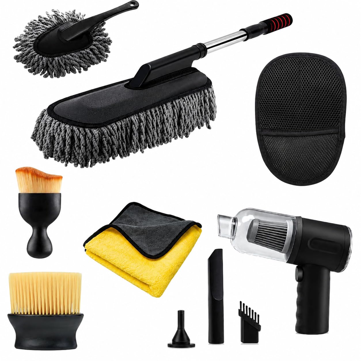 Verivue Mirrors 7 PCS Car Cleaning Kit with 3-in-1 Mini Vacuum Cleaner, Microfiber Cloth,Big Duster,Car Cleaning Sprey,Wheel Brush,AC Vent Brush&Interior Dus...
