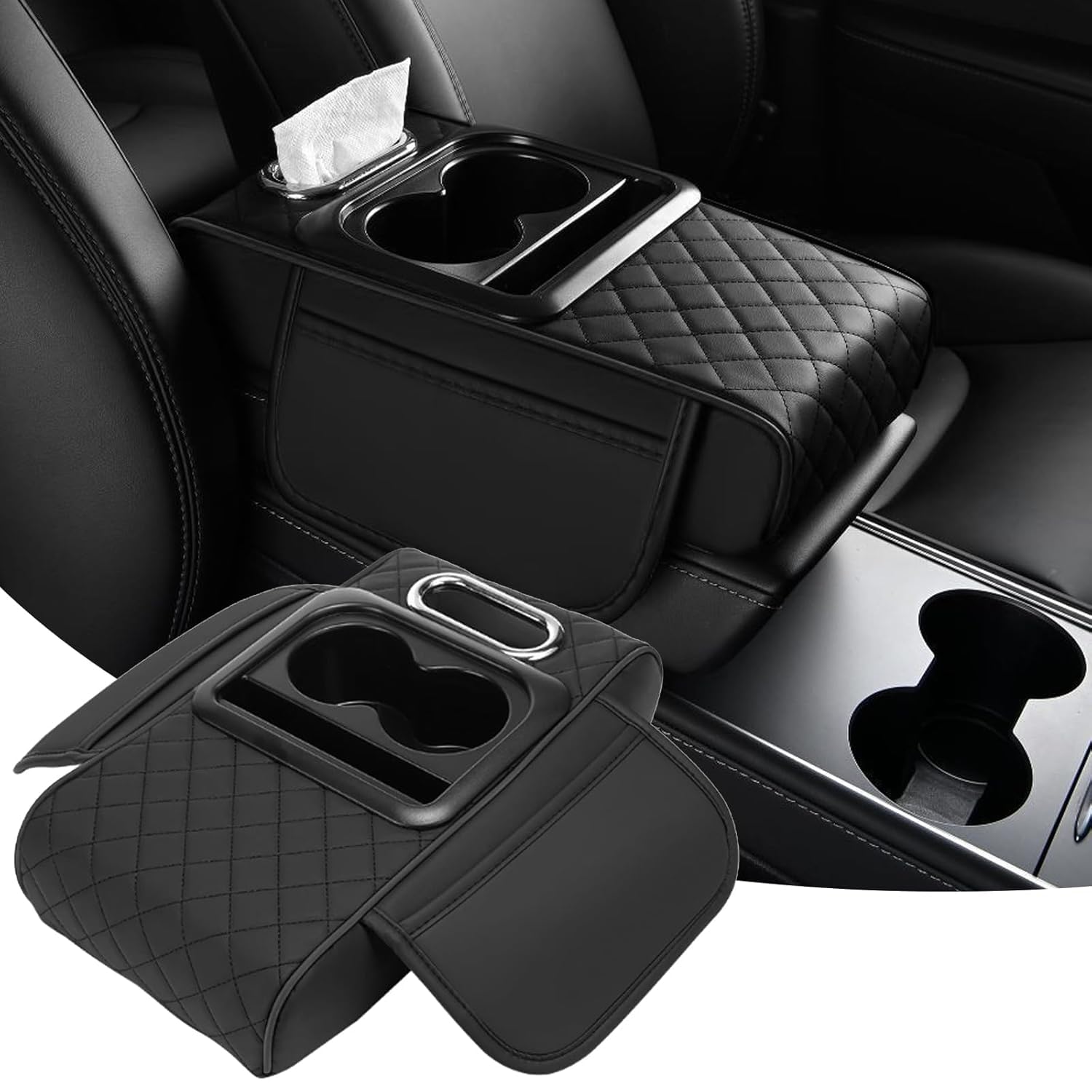 (1 Pieces/BLACK) Premium Car Armrest Cushion Organizer, 5-in-1 Center Console Cover with 2 Cup Holders & Dual Storage Bags, PU Leather Heightened Armrest Pad...