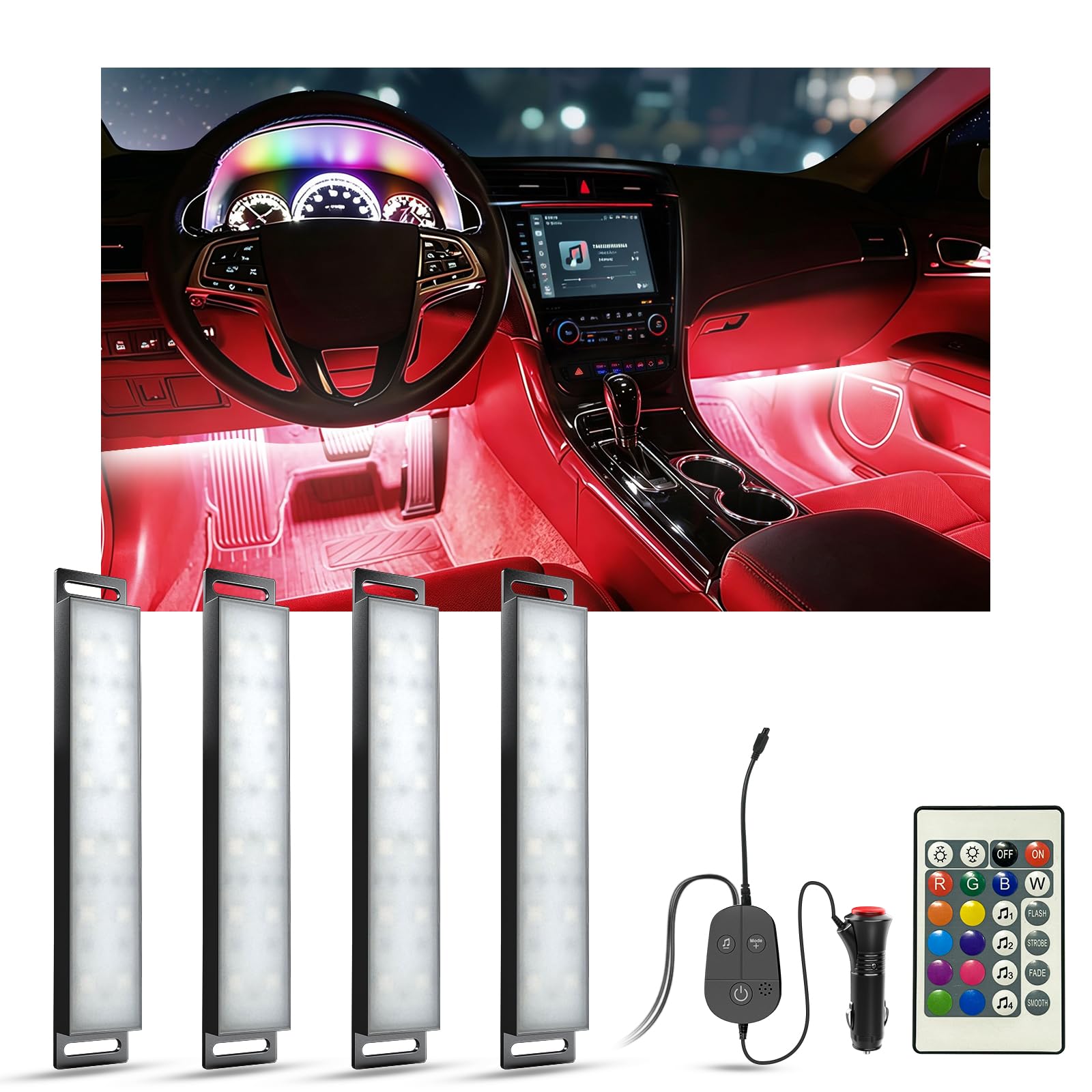 YiLaie Car LED Interior Lights, RGB Atmosphere Light with Remote Control | 4 Music Mode, USB Port, Colour Memory, Short-Circuit Protection, Ambient Lighting...