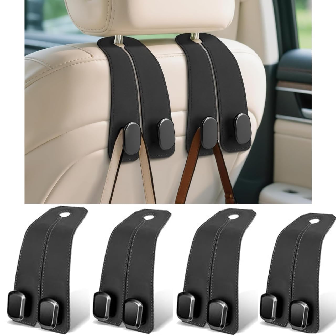 4PACK Premium Quality Car Seat Headrest Double Hooks Leather Car Back Seat Headrest Hooks for Purses, Bags and Handbags, Car Organization Accessories (4 Pack)