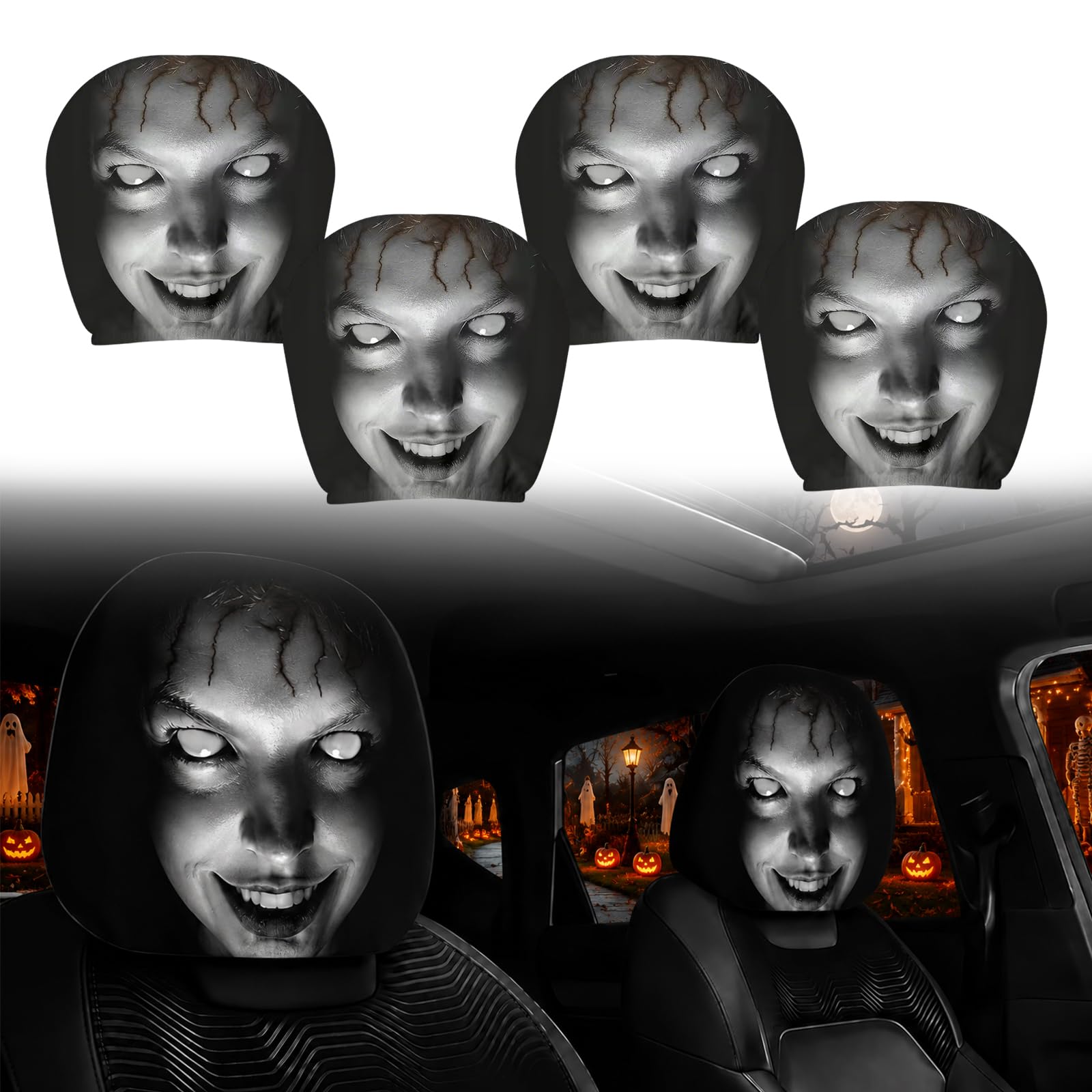 4 Pcs Ghost Face Headrest Covers for Cars (#A) [並行輸入品] | Scary Face Mask Printing Polyester Auto Seat Universal Elastic Models Protector Funny Decoration for...