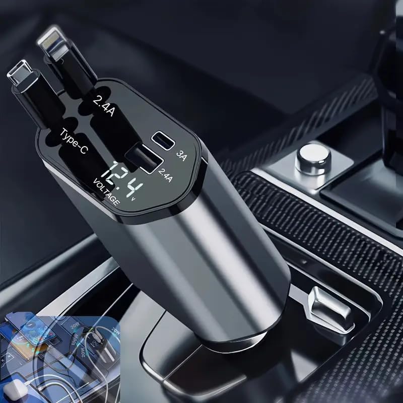 120W Fast Car Charger (2026 New Version) with 120CM Retractable Type-C & 30-pin Port Cables – Simultaneous Charging for 4 Devices – Universal Car Mobile Char...